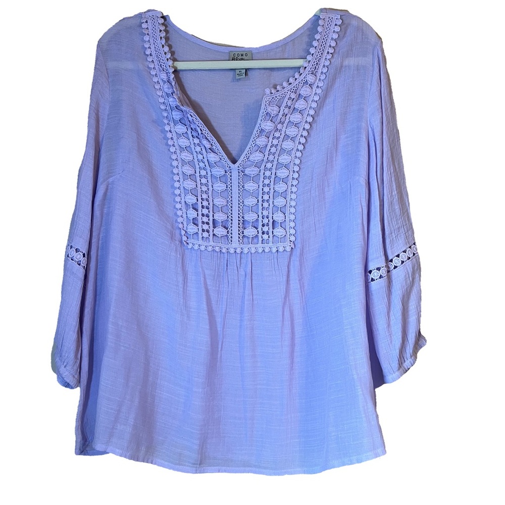 Como Vintage Womens Size XL Peasant Top Crochet Purple V Neck Long Sleeve Blouse